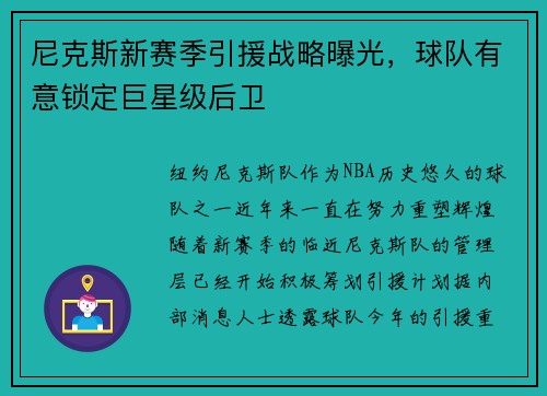 尼克斯新赛季引援战略曝光，球队有意锁定巨星级后卫