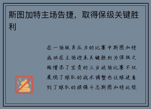 斯图加特主场告捷，取得保级关键胜利