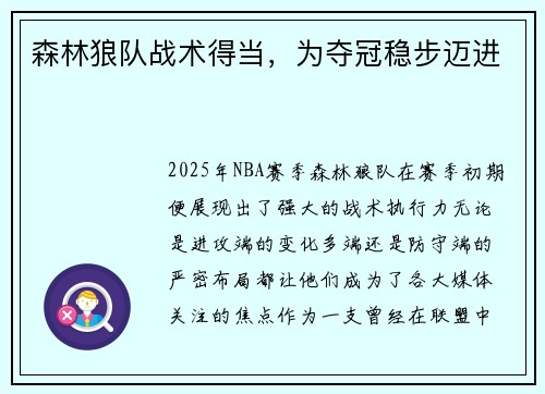 森林狼队战术得当，为夺冠稳步迈进