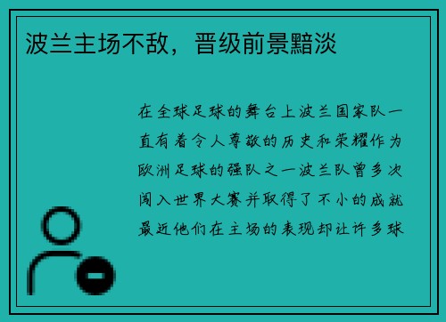 波兰主场不敌，晋级前景黯淡