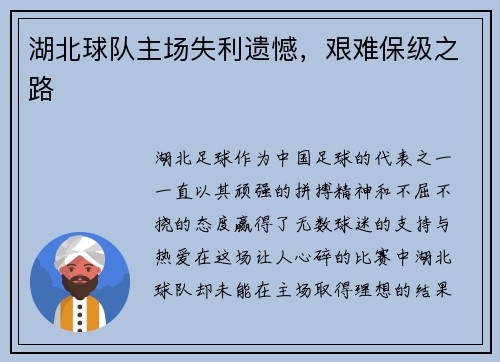 湖北球队主场失利遗憾，艰难保级之路