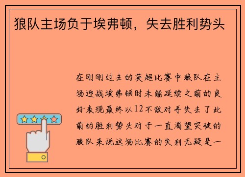 狼队主场负于埃弗顿，失去胜利势头
