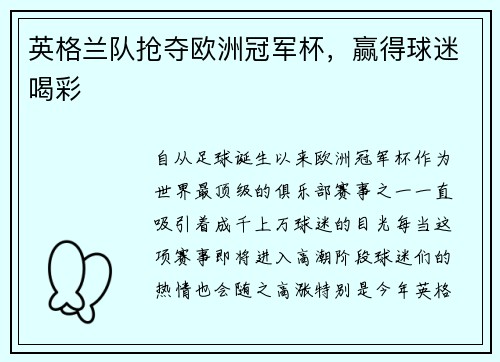 英格兰队抢夺欧洲冠军杯，赢得球迷喝彩