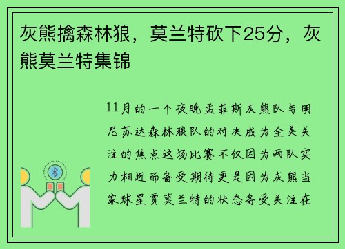 灰熊擒森林狼，莫兰特砍下25分，灰熊莫兰特集锦