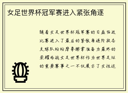 女足世界杯冠军赛进入紧张角逐