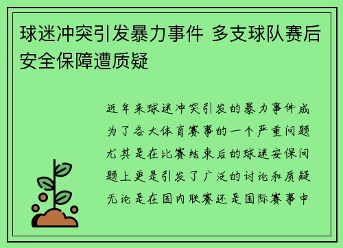 球迷冲突引发暴力事件 多支球队赛后安全保障遭质疑