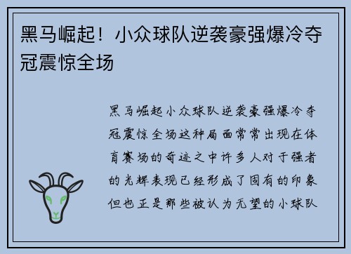 黑马崛起！小众球队逆袭豪强爆冷夺冠震惊全场