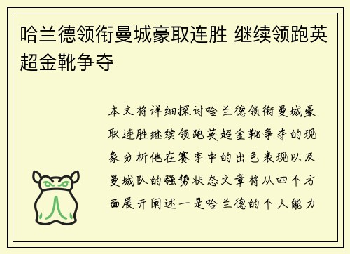 哈兰德领衔曼城豪取连胜 继续领跑英超金靴争夺