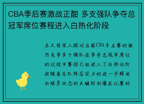 CBA季后赛激战正酣 多支强队争夺总冠军席位赛程进入白热化阶段