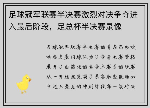 足球冠军联赛半决赛激烈对决争夺进入最后阶段，足总杯半决赛录像